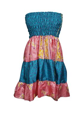 Mogul Womens Freeing Feeling 2 In 1 Printed Skirt Dress Vintage Recycled Silk Strapless Beach Wear Summer Style Sari Dresses XS