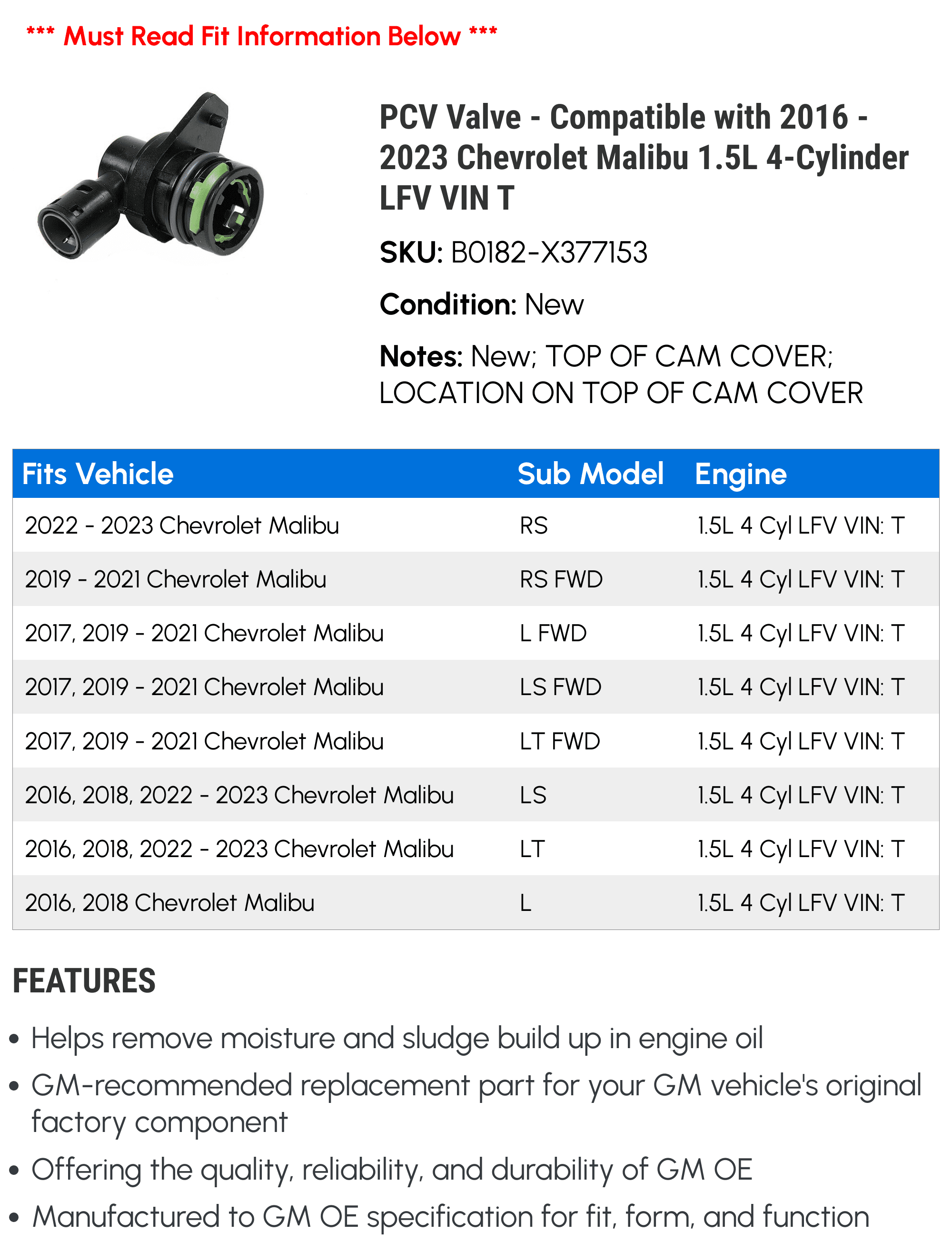 PCV Valve - Compatible with 2016 - 2023 Chevrolet Malibu 1.5L 4-Cylinder LFV VIN T - AC Delco