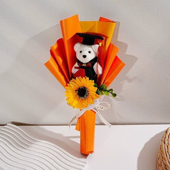 SPOORYYO Wood Graduation Season Simulation Sunflower Bear Bouquet Handmade Flower