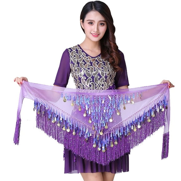 Belly Dance Hip Scarf with Tassels Sequins, Triangle Coins Wrap Skirt Music Festival Clothing