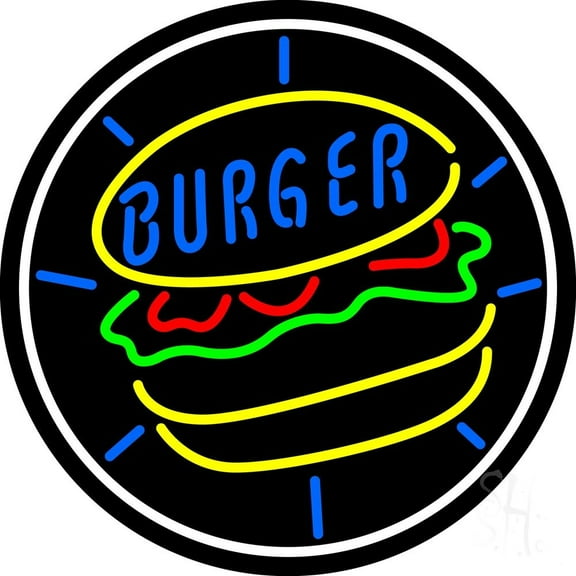 Burger Circle LED Neon Sign 16 x 16 - inches, Clear Edge Cut Acrylic Backing, with Dimmer - Bright and Premium built indoor LED Neon Sign for restaurant window and interior decor.