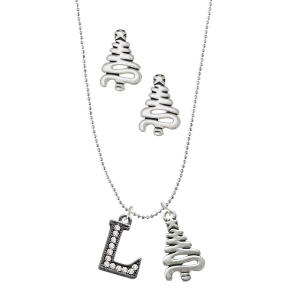 Delight Jewelry Black Nickeltone Crystal Initial - L - Beaded Border - Silver tone Zig Zag Christmas Tree Charm Necklace and Stud Earrings