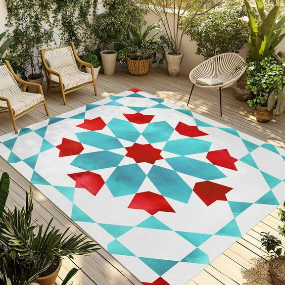 Fsddascl Boho Geometric Outdoor Rug for Patio/Deck/Porch, Non-Slip Large Area Rug 6 x 9 Ft, Turquoise Red Ethnic Tribal Abstract Pattern Indoor Outdoor Rugs Washable Area Rugs, Camping Rug Carpet