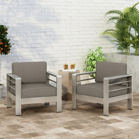 Miller Outdoor Aluminum Club Chairs with Cushions, Set of 2, Gray