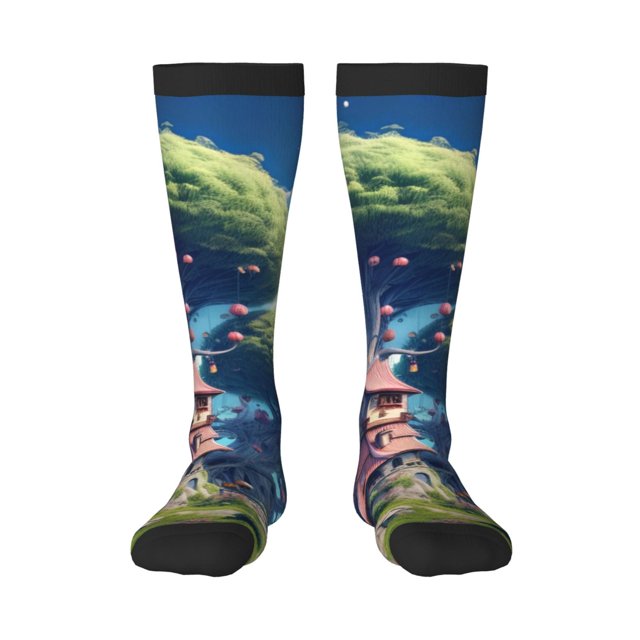 Fotbe Fantasy Treehouse Planet Scene Calcetas Divertidas Estampadas para Hombre y Mujer, Calcetas de Algodón hasta la Rodilla para Caminar, Correr, Enfermería y Embarazo