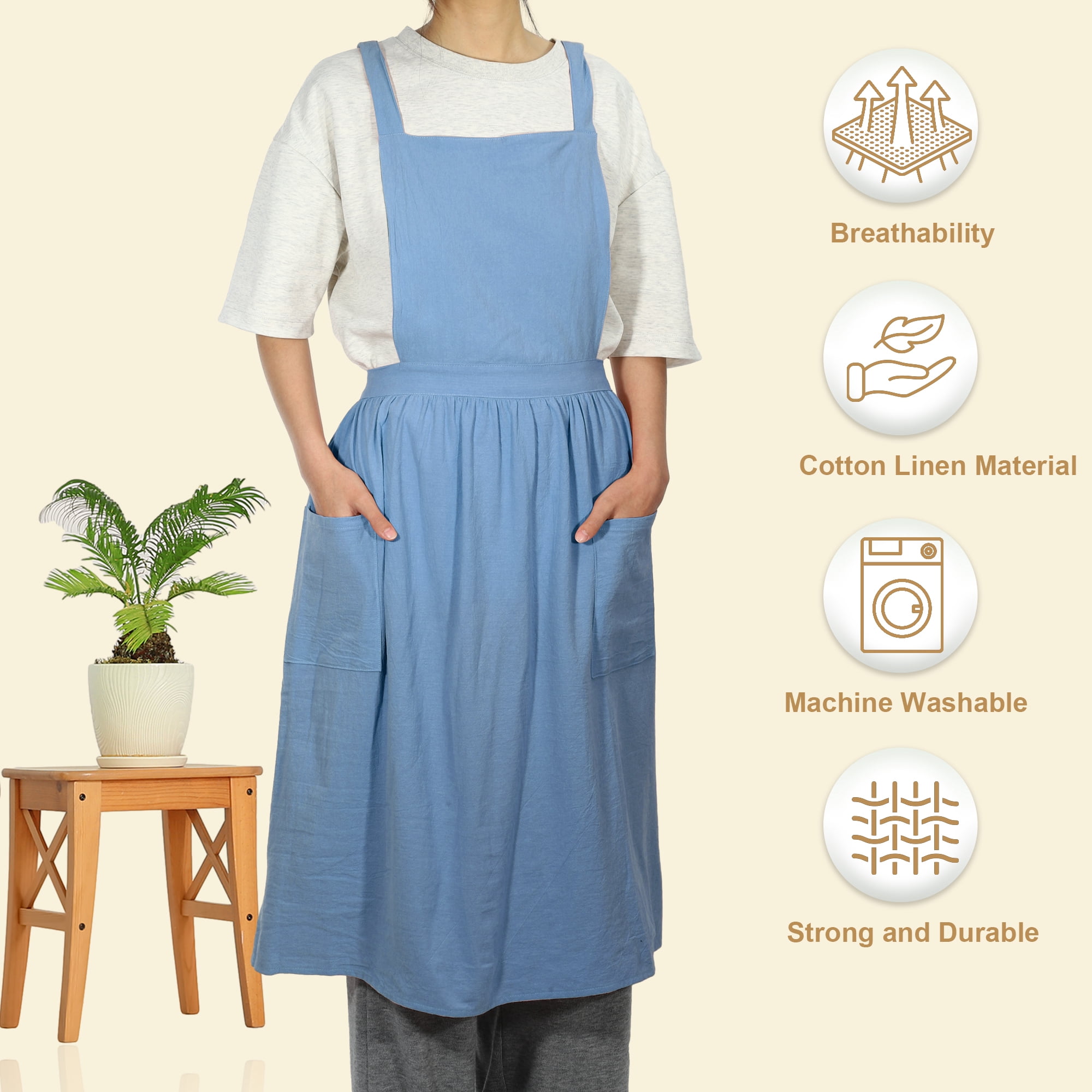 Unique Bargains Cotton Linen Cross Back Apron with Pockets Blue