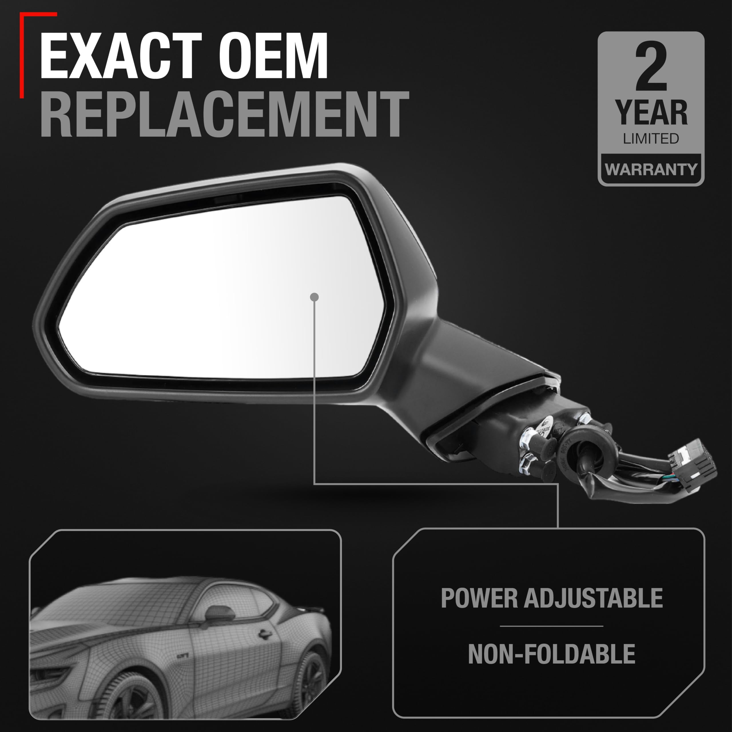 Driver Side Mirror Replacement - Compatible with 2016-2021 Chevrolet Camaro - Powered Adjustment, Non-Foldable, Flat Glass - Smooth Black, 18H3P - OEM 84788171, 23487737, 84639831, GM1320659