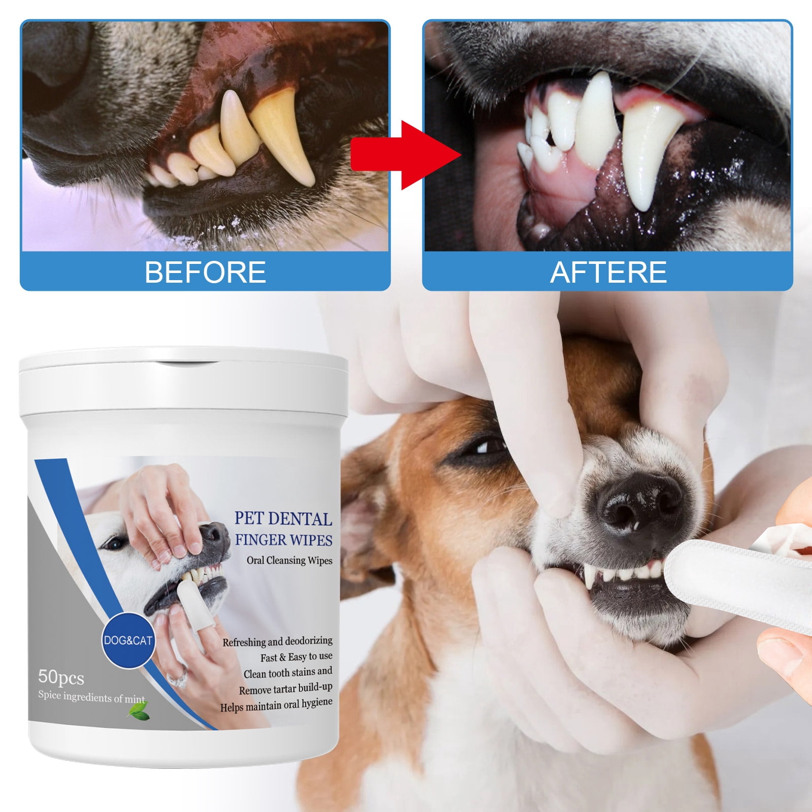 Alvantor Pet Dental Finger Wipes for Dogs Cats, Teeth Cleaning Oral Care Bad Breath Tartar Remover, 50ct