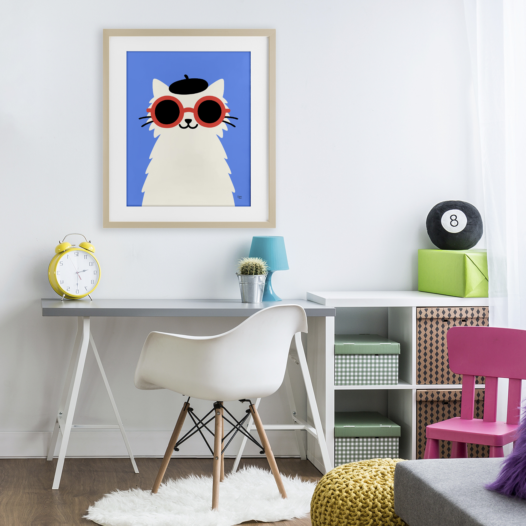Stylish French Cat Birch Framed Print Under Glass, design by Jessica Beck