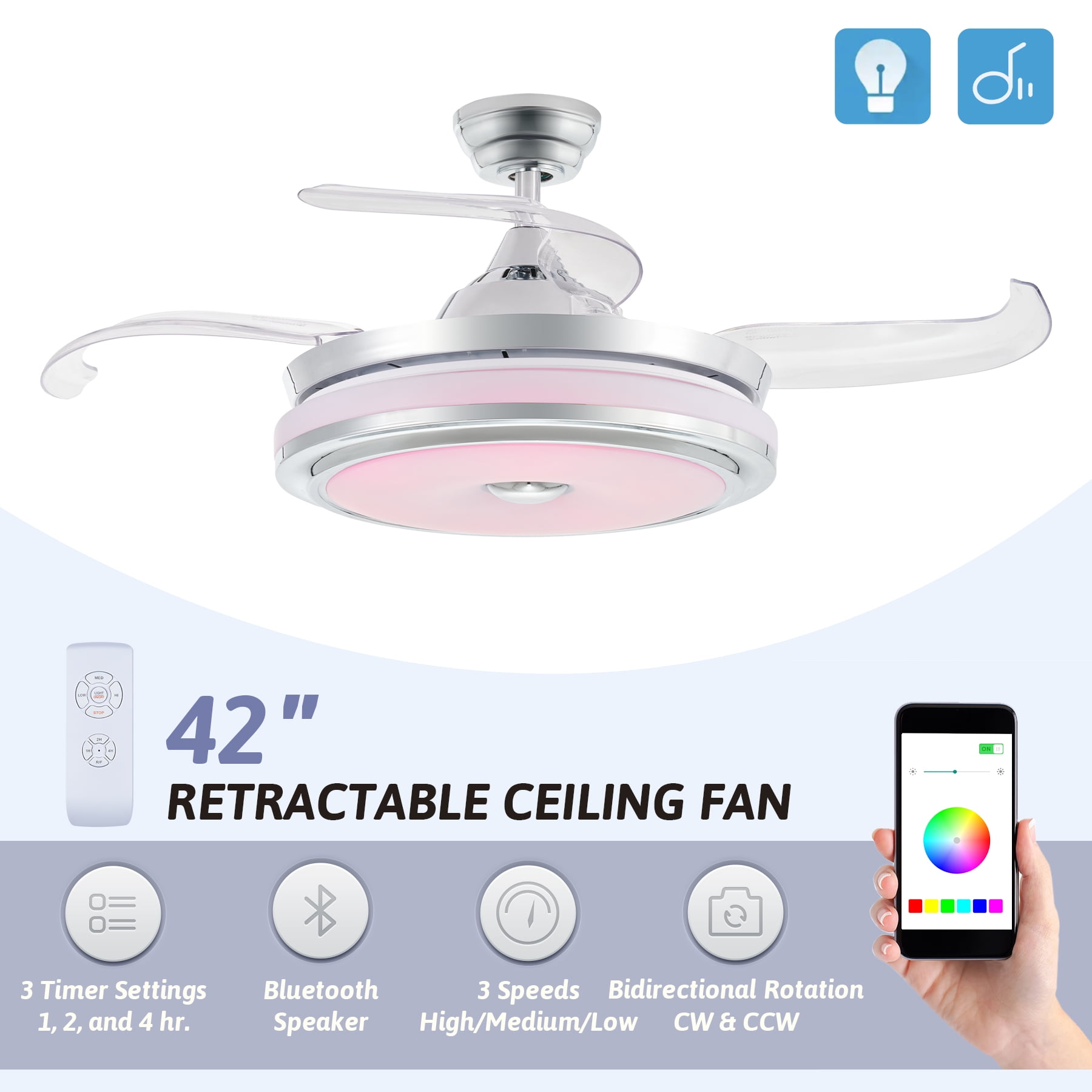 36"/42"Modern Ceiling Fan Light w/LED Bluetooth Music Player Retractable Blades 