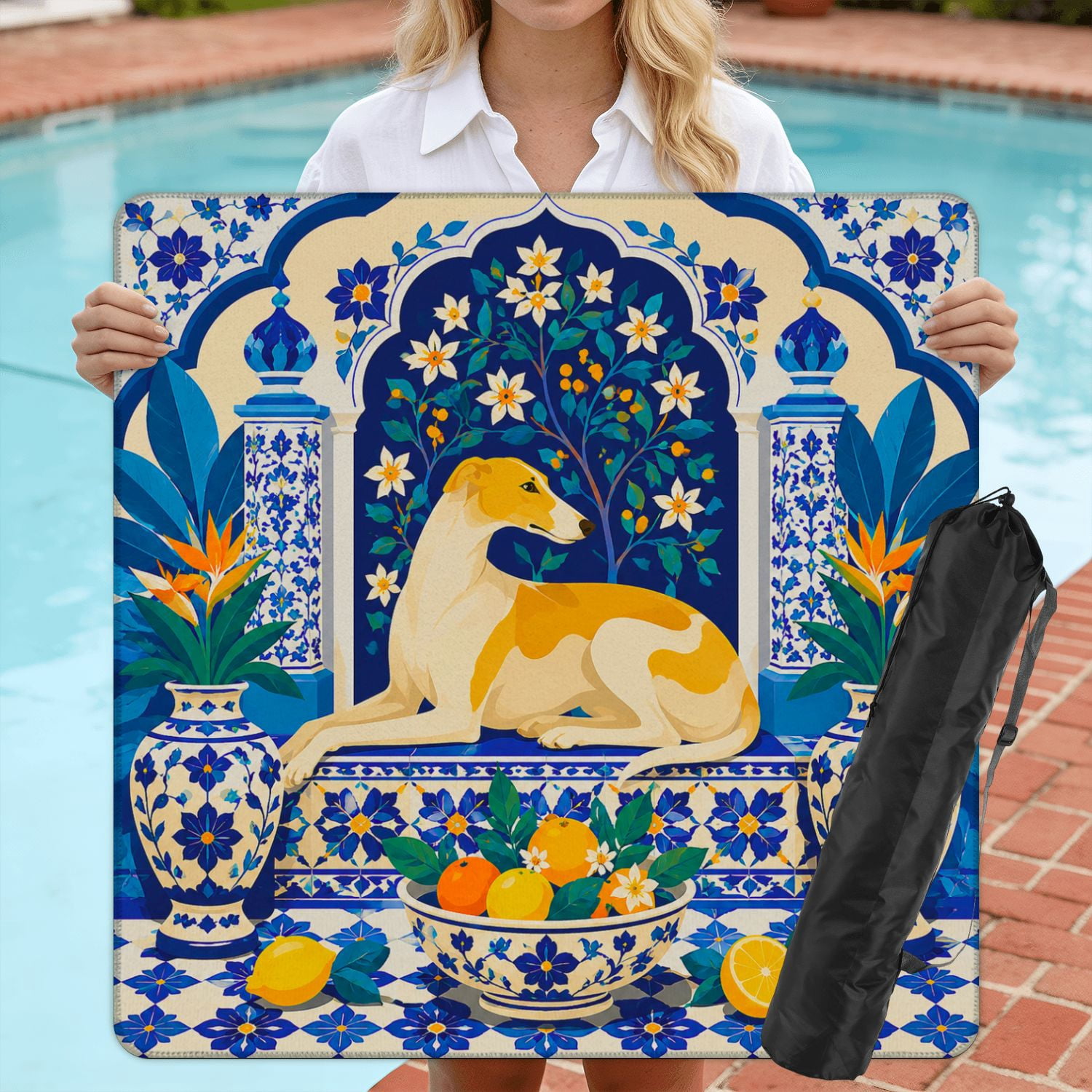 Mahjong Mat 31.5" x 31.5" Cheetah Relaxing Among Blue White Porcelain Citrus Fruits Floral Non-Slip Noise Reduction American Mahjong Tiles Table Cover for Dominoes Poker Card Board Games Gift