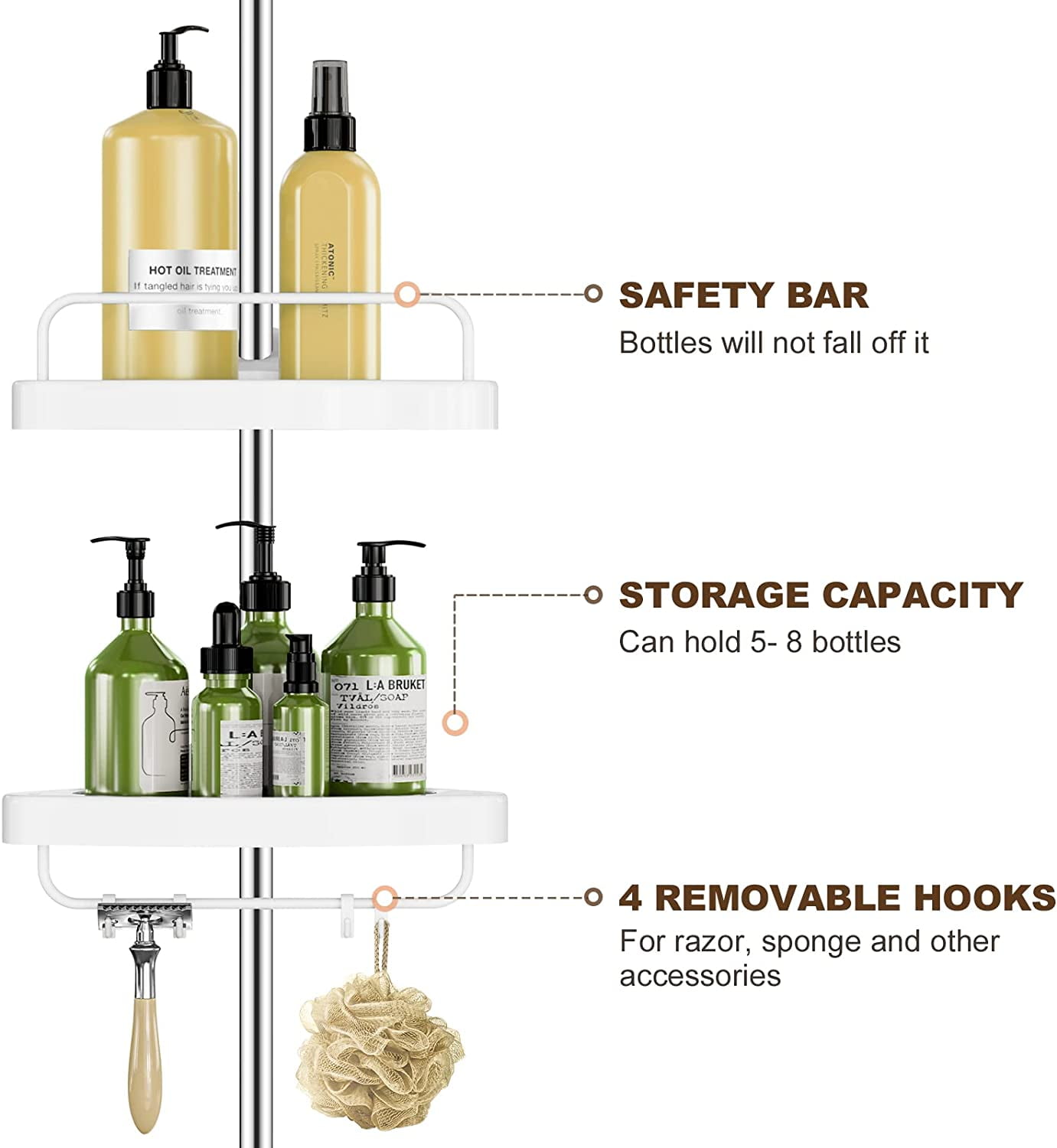 Shower Caddy Corner Organizer for Bathroom,Bathtub Shampoo Storage Holder  Rack with Rustproof Stainless Tension Pole,4-Tier Adjustable Shelves,Stand  on Floor,56-114 Inches Height,Brown 