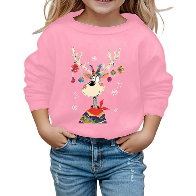 Wdgfv Chandail à Manches Longues à Col Rond pour Filles, Haut à Enfiler Décontracté, Motif de Vacances, Doux et Confortable, Vêtements pour Enfants, Rose, 6-7 Ans