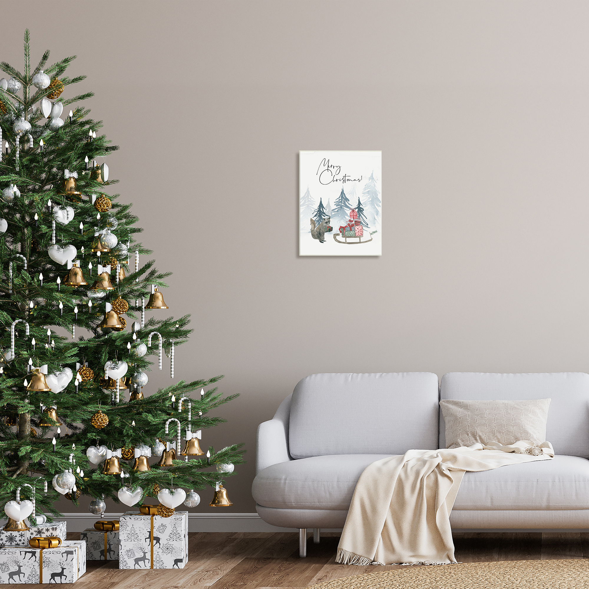 Stupell Indtries Merry Christmas Phrase Adorable Racoon Forest Present Sleigh,13 x 19,Design by Lucille Price