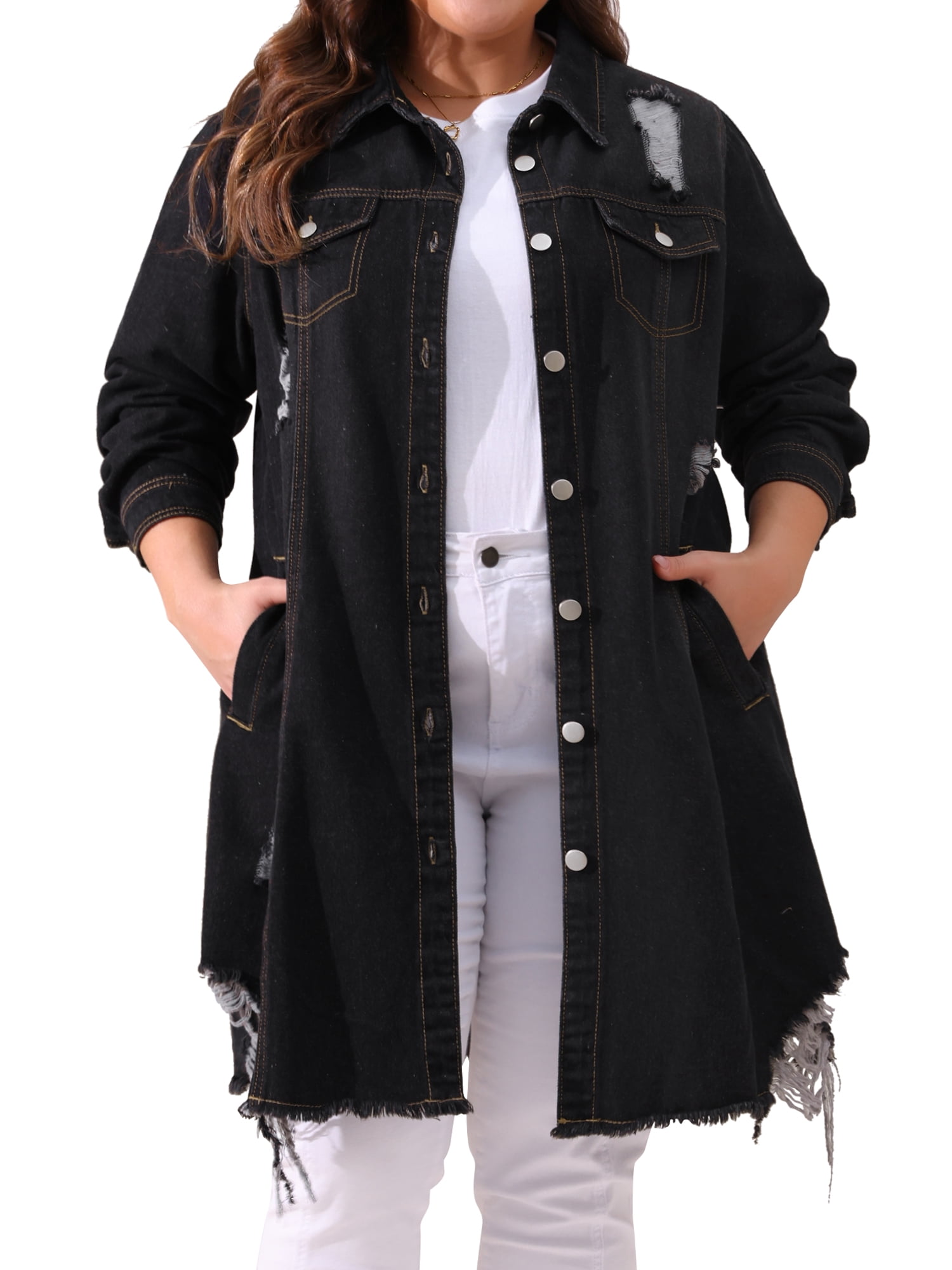 DARING DIVA Women's Plus Size Distressed Fray Hem Trucker Denim Jackets 3X Black