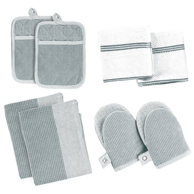 Casa Platino Juego de Cocina, Paquete de 8, Juego de Toallas y Almohadillas para Ollas con Manoplas para Horno, Lindo Juego de Inicio de Cocina, Manoplas Cortas para Horno y Juegos de Toallas y Paños de Cocina - Gris