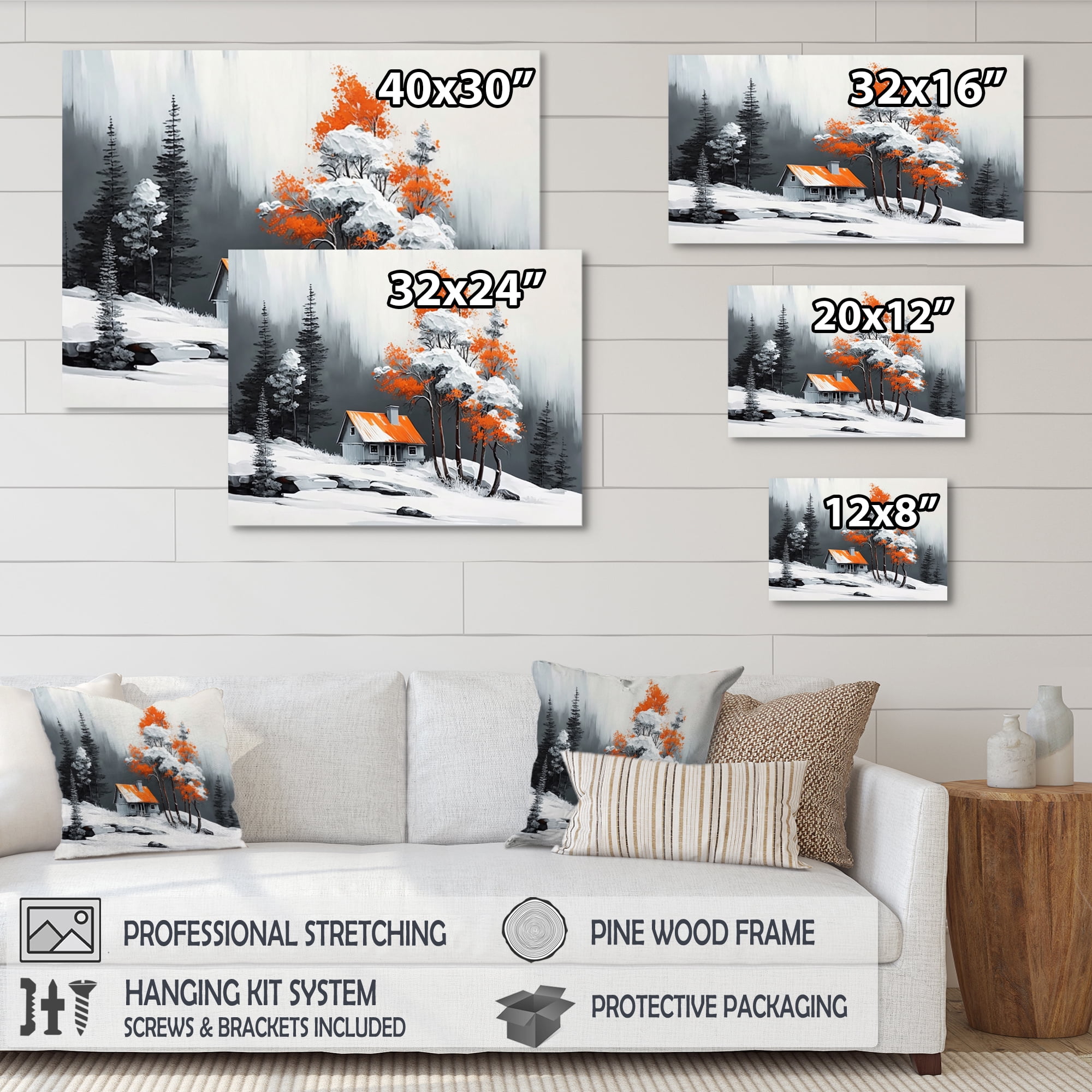 Designart Monochrome Orange Cottage In Winter XIV Canvas Wall Art