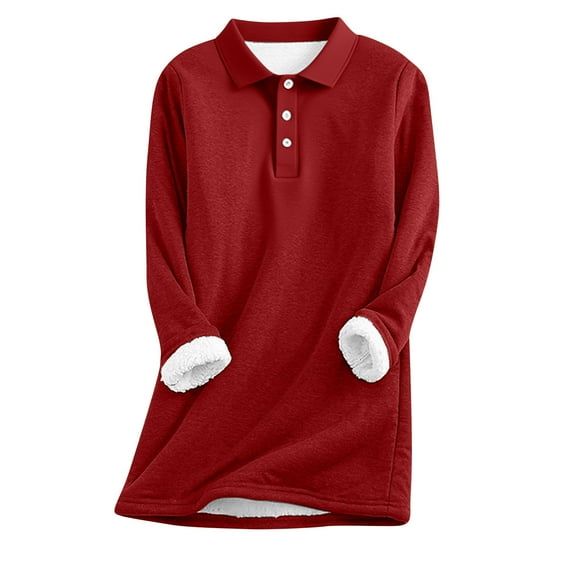 Women's Winter Warm Sherpa Lined Fleece Crewneck Sweatshirt Button Down Long Sleeve Pullover Loungewear Tunic Tops