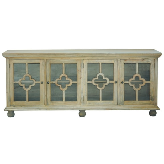 Sunset Trading Cottage 87" Clover Glass Door Credenza | Driftwood Brown Solid Wood Display Cabinet | Fully Assembled Sideboard