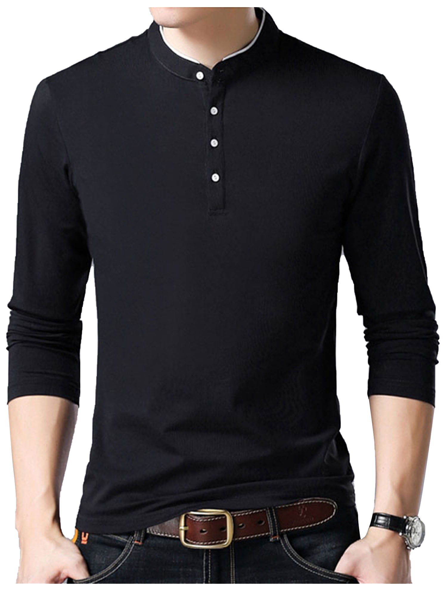 Men's Slim Fit Long Sleeve Casual T Shirts Polo Stand Collar Button ...