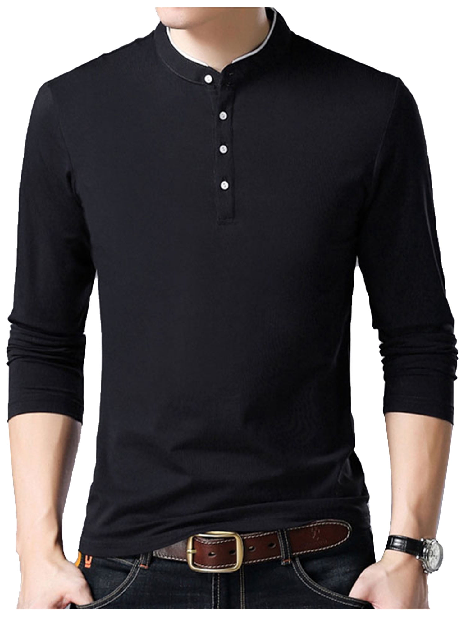 Men S Slim Fit Long Sleeve Casual T Shirts Polo Stand Collar Button Down Shirt Tops Solid Color