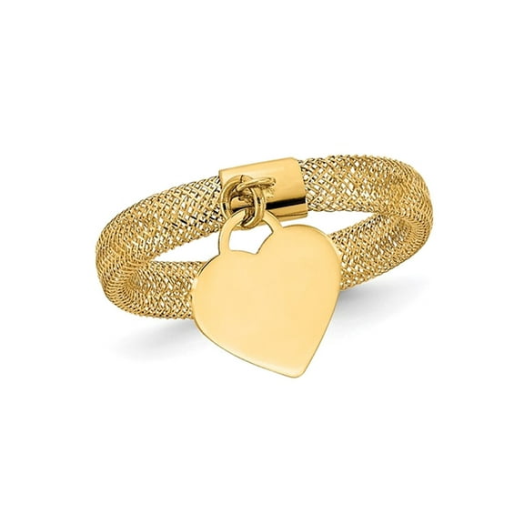 14K Yellow Gold Woven Mesh Polished Heart Charm Ring for Women