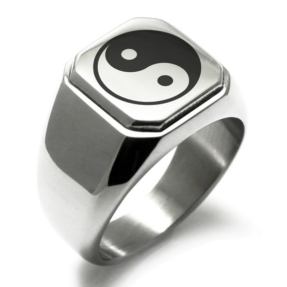 Tioneer Stainless Steel Yin Yang Engraved Square Flat Top Biker Style Polished Signet Ring