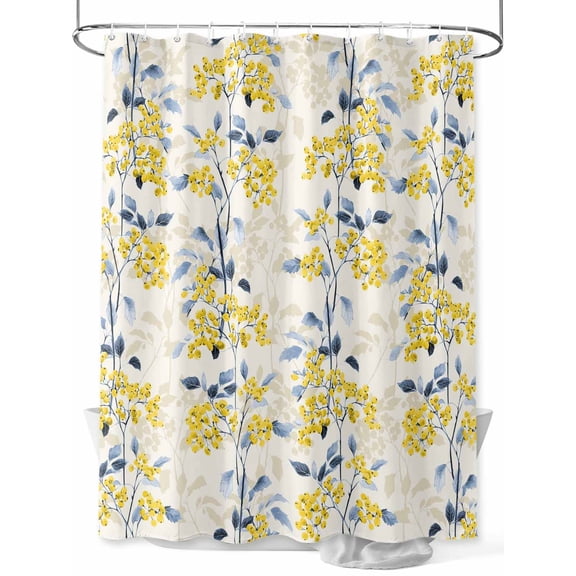 Yellow Blue Spring Floral Stall Shower Curtain, Waterproof Shower Curtains for Bathroom, Summer Botanical Farmhouse Washable Fabric Cloth Bath Curtain for Bathtub Decoration with Hooks 36x72 Inches
