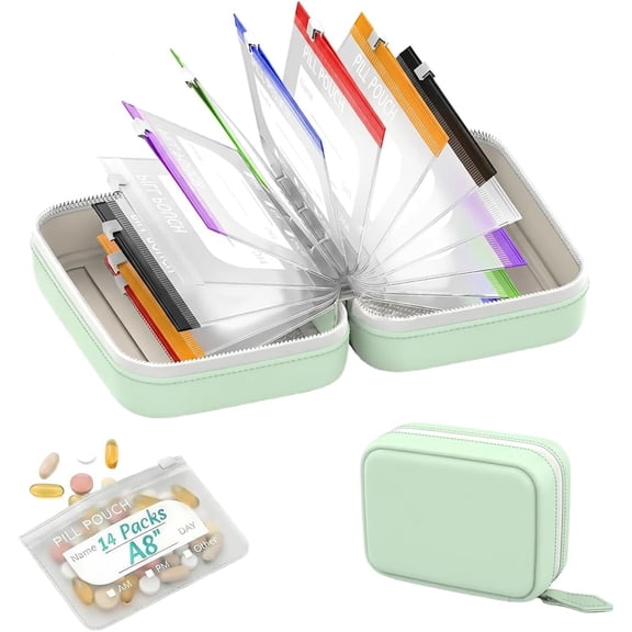 Upgrade Waterproof Pill Pouch Set with 14 Reusable Clear Zipper Pouches, 14 Day Pill Pouches for Travel, Portable Leakproof Pill Organizer Binder with Bags for Daily Travel Use 7-14 Days