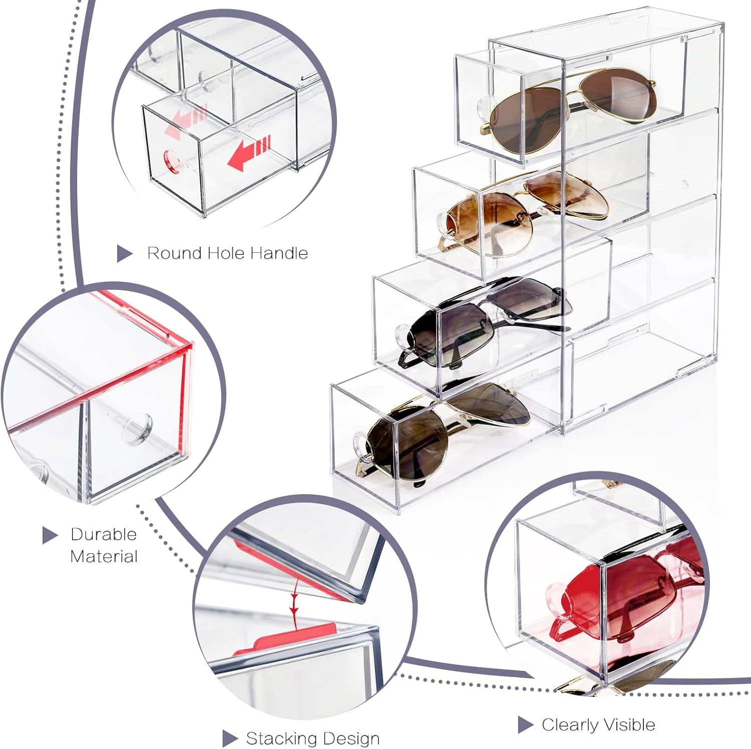 Desk Organizer with 4 Drawers, Stackable Desktop Storage Box with Removable Drawer, Clear Sunglasses Organizer Display Case for Stationery Marker Pens Eyeglasses Office Supply