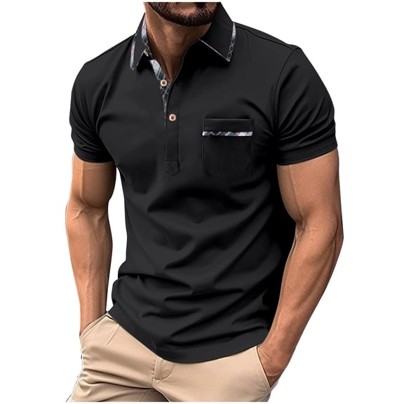 FRSASU Mens Golf Shirts Short Sleeve Men's Polo T-Shirt V Neck Color Block Print Summer Casual Loose Breathable Collared Soft Tops Black
