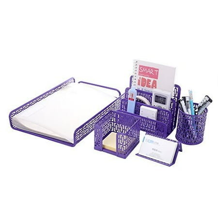 Metal Mesh Office Supplies Desktop Organizer Purple Set of 5pcs