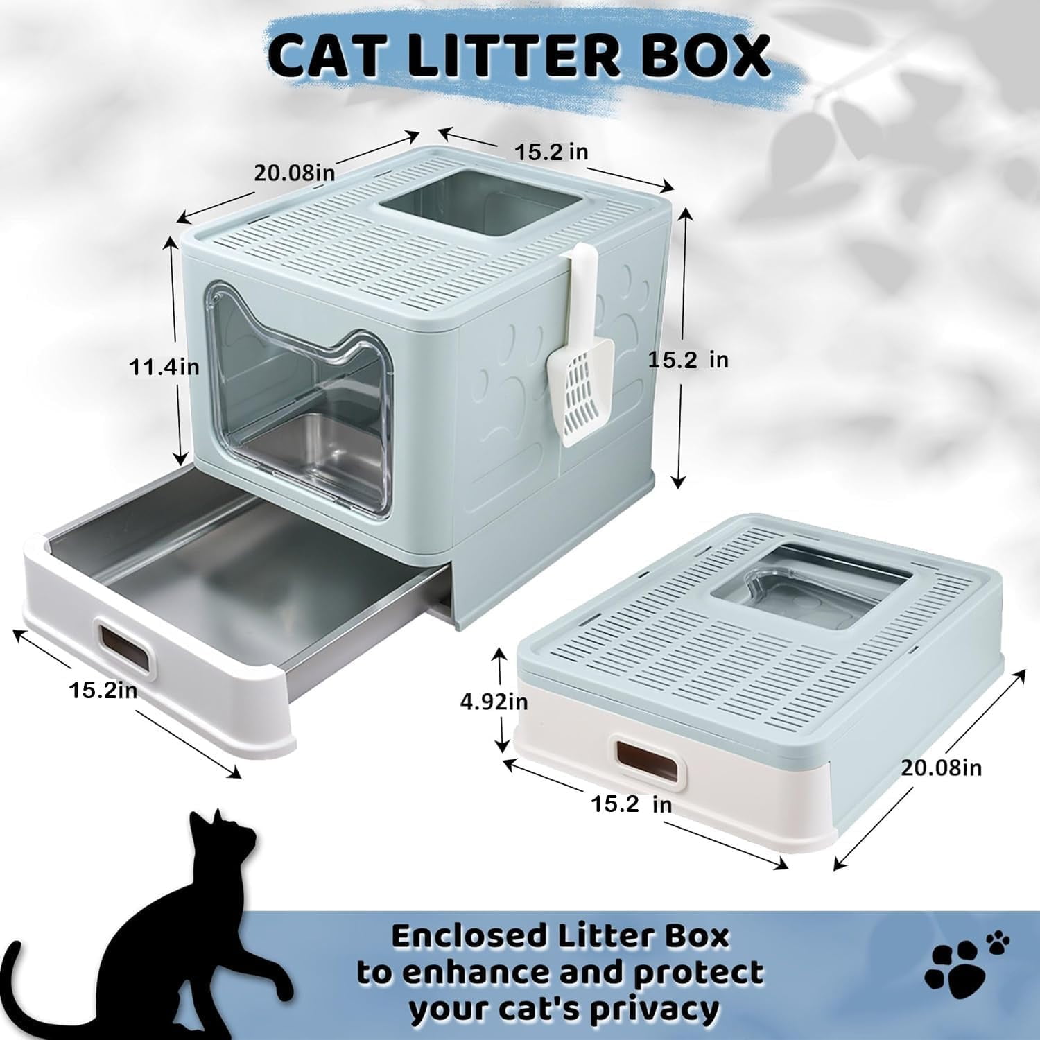 Enclosed Cat Litter Box with Lid Top Exit Covered Metal Stainless Steel Litter Box Leak Proof & Odorless Easy to Clean Including Cat Litter Scoop and Cat Litter Mat