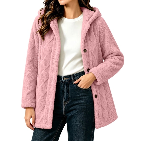 Perfectbot Women Sherpa Hooded Jacket, Long Sleeve Button Down Fleece Coat Fall Winter Warm Outerwear