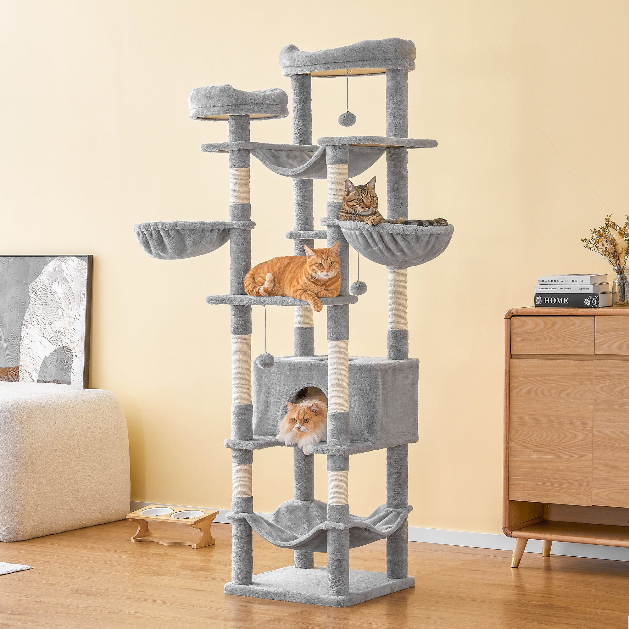 Furcato 77-Inch Cat Tree for Indoor Cats, Multi-Level Large Cat Tower with 4 Hammocks, 2 Padded Perches, Large Cat Condo, Light Gray