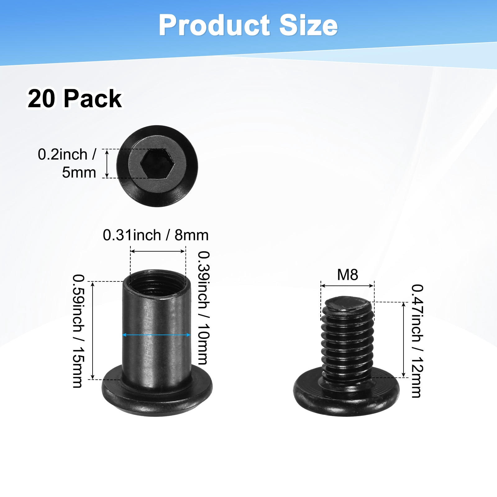 Uxcell 20-Pack Hex Drive Socket Cap Bolt M8 x 12mm Carbon Steel for Furniture