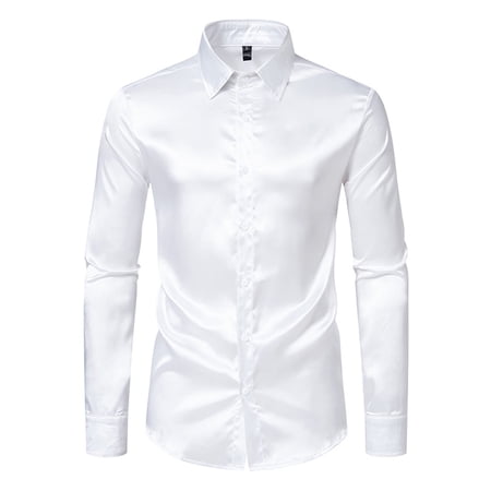 Mens T-shirts Mens Fashion Trend Solid Satin Long Sleeve Shirt Set Wear Large Long Sleeve Tight Shirt Men Casual Lightweight Tops Scrub Compression Sleeves Men s Tee White S
