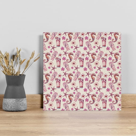 Pink Floral Seahorse Wall Art Painting on Canvas, Starfish Slipper Linen Vintage Canvas Art Home Prints Wall Art Framed Modern Artwork for Living Room Bedroom Wall Decor 8x8in