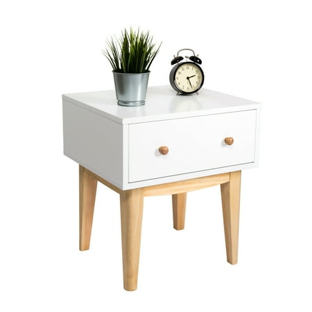 Wood Nightstands With Drawers Kinbor Side End Table Nightstand with A Single Drawer Storage Mid-Century Accent Wood Furniture, White/Wooden ()