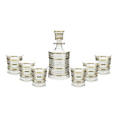 Arabesque Clear Crystal Gift - Fine Crystal Clear Glass Liquor Decanter and Double Old Fashion Glass 7 Piece Gift Set