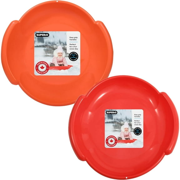 Superio Round Saucer Snow Sled, Red and Orange, 2 Pack Spiral Plastic Sled with Handles 24" Winter Snow Fun for Kids and Adults