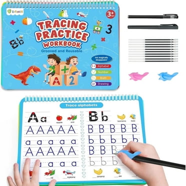 D-FantiX 4-in-1 Large Magic Groove Copybook, Reusable Handwriting Workbook with Grooved Tracing for Numbers & Alphabet, Handwriting Practice Book