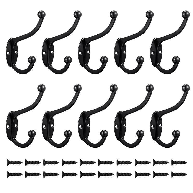 Qweryboo 10 Pack Heavy Duty Dual Coat Hooks Wall Mounted with 20 Screws, Utility Metal Hooks Retro Double Hooks Wall Hanging Zinc Die Cast Robe Hooks for Coat, Bag, Scarf, Towl, Cap, Cup, Key