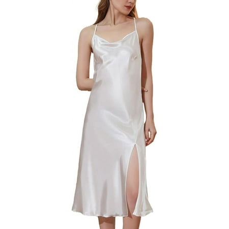 NANAHuang Women s Satin Nightgown Midi Chemise Square Neck Sleeveless Side Slit Open Back Sleepwear Lingerie