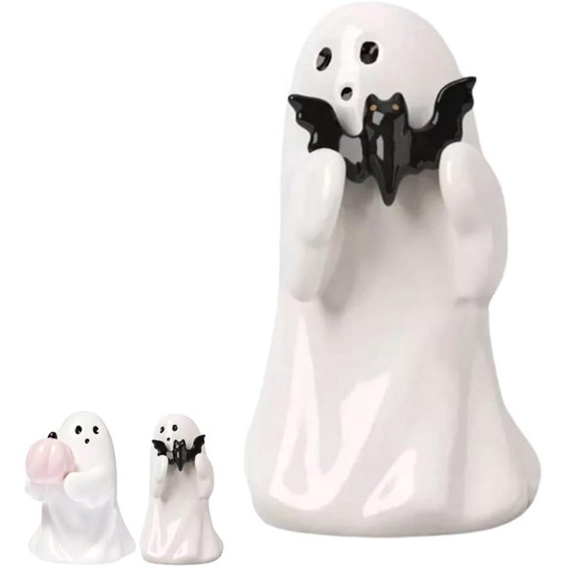Bonita figura de fantasma sosteniendo un murciélago, pequeñas figuras de fantasmas aterradoras, decoración de esculturas de fantasmas de Halloween, estatua decorativa de resina de fantasmas de Hallowe