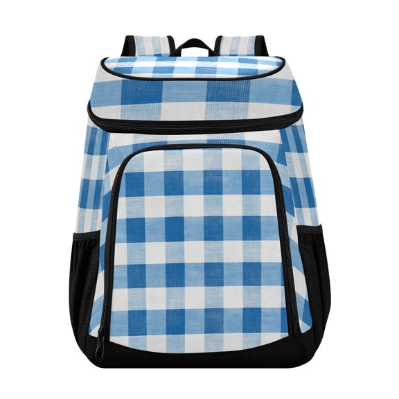 36 Can Capacity Insulated Backpack Cooler Lunch Bag for Picnics, Camping Blue and White Checkered Pattern
