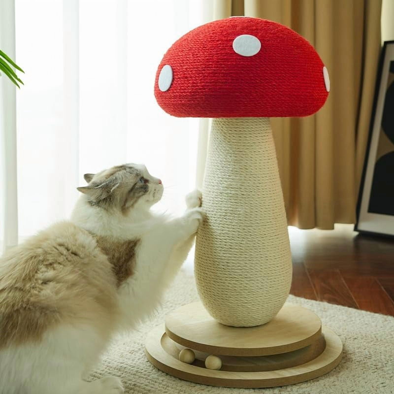 Mushroom Cat Scratching Post for Indoor Cats, Cute Scratching Post with Durable Solid Wood Spinner Toy, Mushroom-Shaped Cat Toy and Sisal Scratching Post to Protect Your Furniture