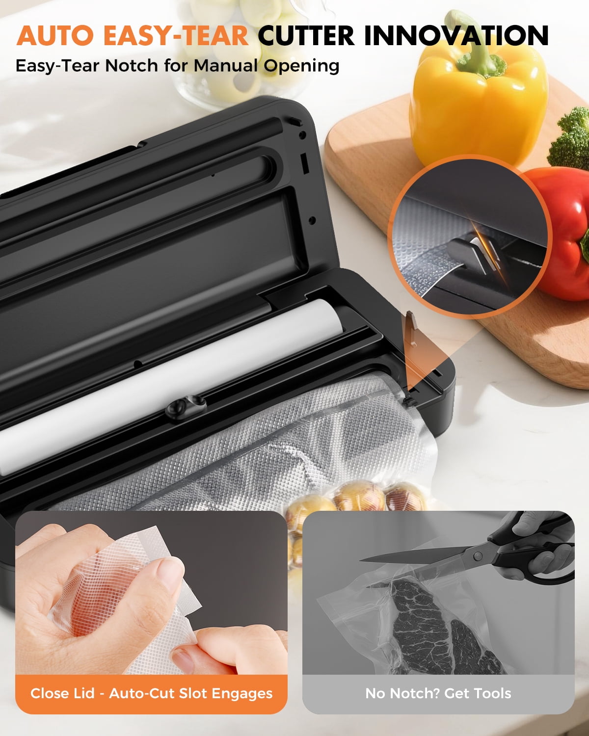 UPRUBE Vacuum Sealer for Food, 9-in-1 Built-in Cutter Food Vacuum Saver Sealer Machine, Include One Roll Bags ,95kPa Strong Vacuum