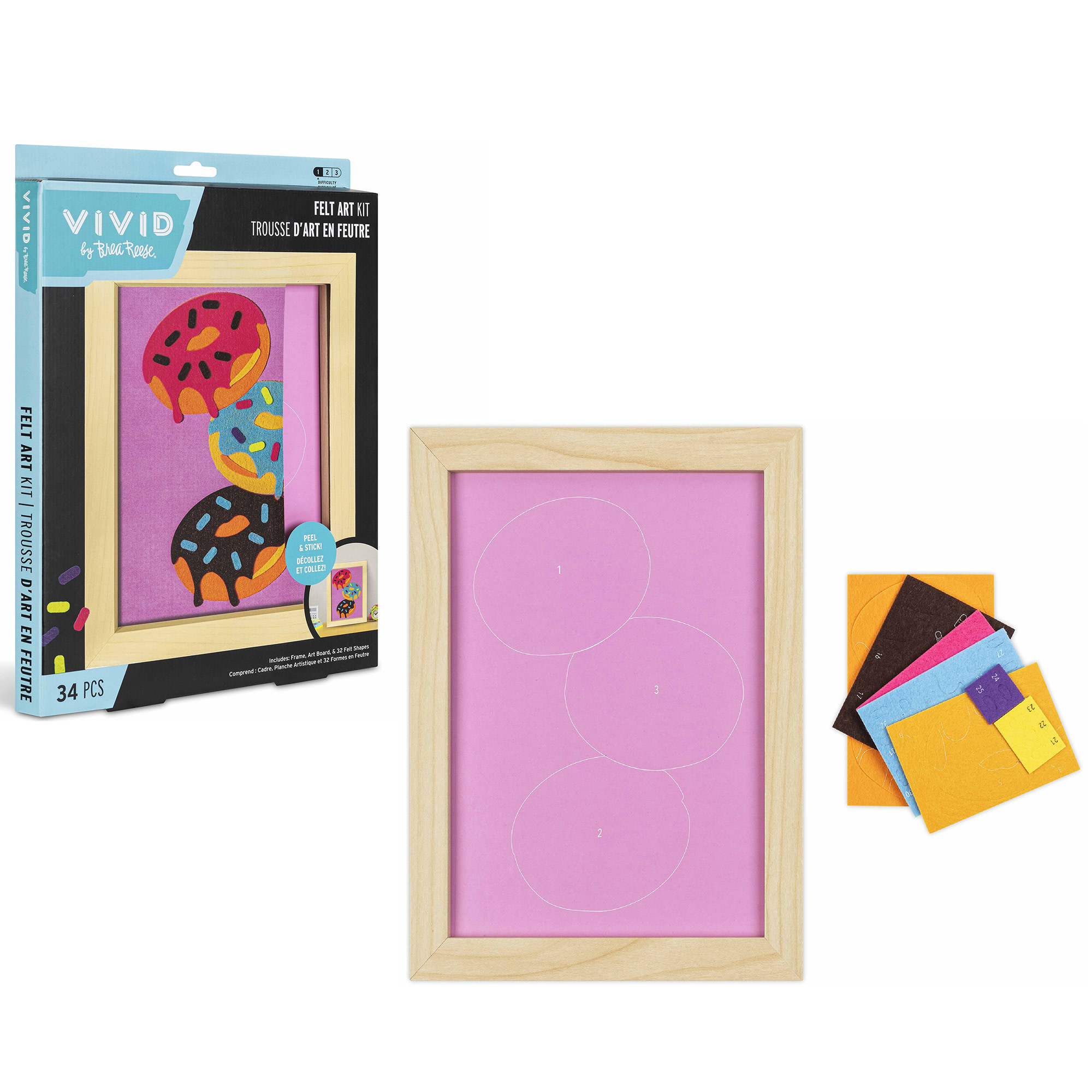Vivid by Brea Reese: Felt Art Kit – Sweet Donuts - DIY Peel & Stick Craft Set, Colorful Desserts, Sensory Activity, Display Frame, Pink-Blue-Purple