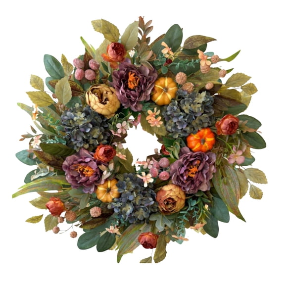 Clearance Under $9.39! 1 Pack Autumn Hydrangea Pumpkin Wreath, Peony Garland, for Thanksgiving Front Door Decor